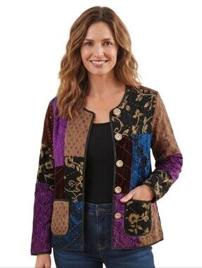 Indigo Moon Vintage Mixed Media Patchwork Jacket Pockets Art To Wear Size M